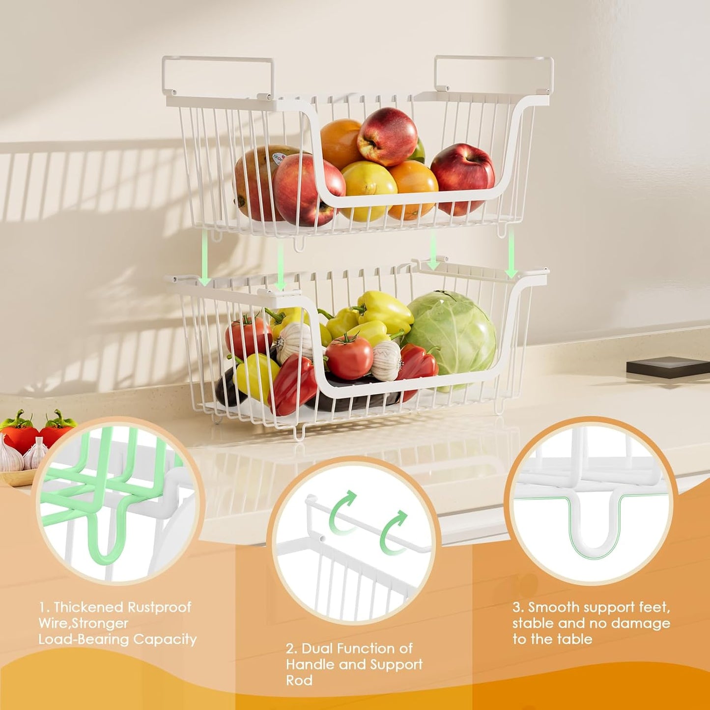 4 Pcs Stackable Wire Baskets for Pantry Organizers and Storage,Kitchen Storage Metal Baskets,Produce Potato Onion Storage Bin,Vegetable Fruit Basket for Countertop,Black