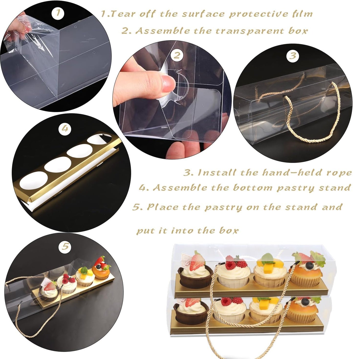 Clear Cupcake Boxes with Handle, 24 Pcs 4 Bakery Cake Boxes, Rectangular Cupcake Containers, Transparent Treat Boxes, Gift Boxes for Wedding Party, Dessert Packaging,12 x 3 x 3 Inch (Gold)