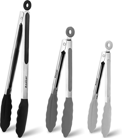 Anaeat Premium Kitchen Locking Tong Set of 3 - Heavy Duty Stainless Steel Food Tongs with Long Handle & Non-Slip Silicone Grip for Cooking, Baking, Grilling - Heat Resistant up to 480°F