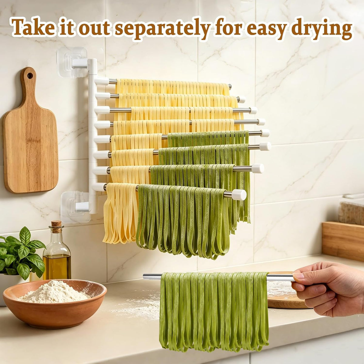8-Tier Foldable Wall Mounted Noodle Dryer Stand, 180° Swivel