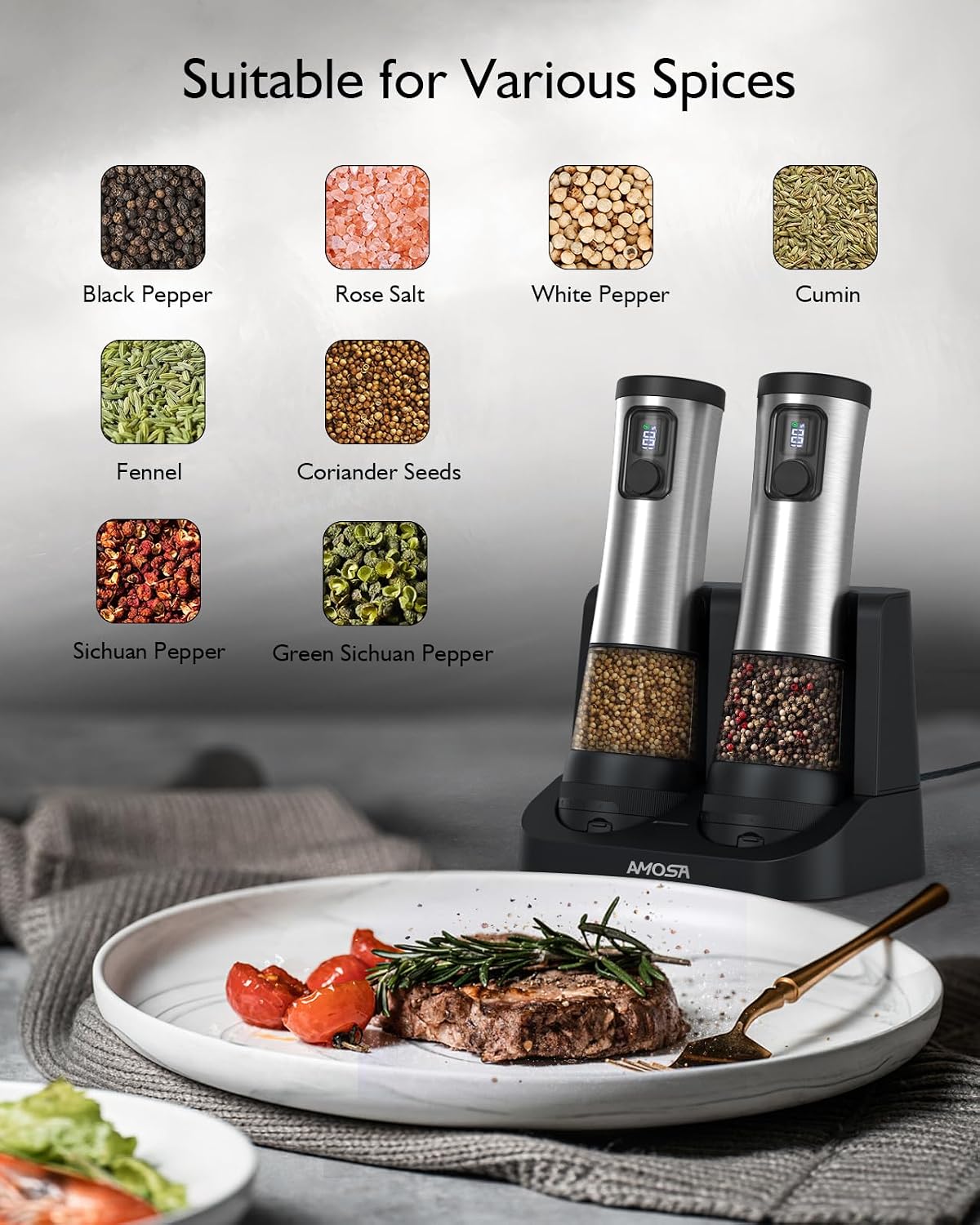 Electric Salt and Pepper Grinder Set, 2 in 1 Dual Bins USB Rechargeable