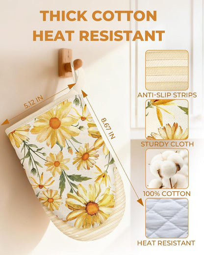 100% Thick Cotton Mini Oven Mitts Silicone Grip Lemon & Birds