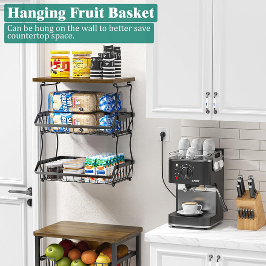 XYZLVSI 3 Tier Countertop Fruit Basket Bread Bowl with Wooden Top for Kitchen, Stackable Vegetable Potato Onion Storage Wire Basket with Banana Hangers, Black