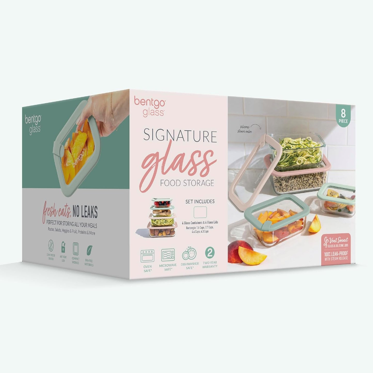 Bentgo Signature Leak-Proof Glass Food Storage - 8-Piece Set, 1-Compartment Plastic-Free Containers with Airtight Glass Lids, BPA-Free, Microwave, Freezer, Oven & Dishwasher Safe (White Stone)