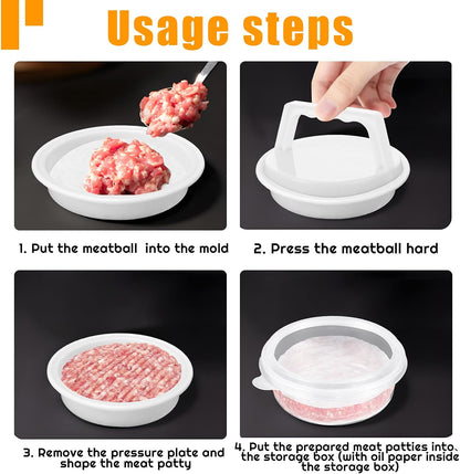 Hamburger Press Patty Maker, Burger Press Patty Makers with 20 Storage Containers and 20 Patty Papers, Hamburger Patty Maker Mold for BBQ Round Burger Shaper for Meat BBQ Grill Accessories