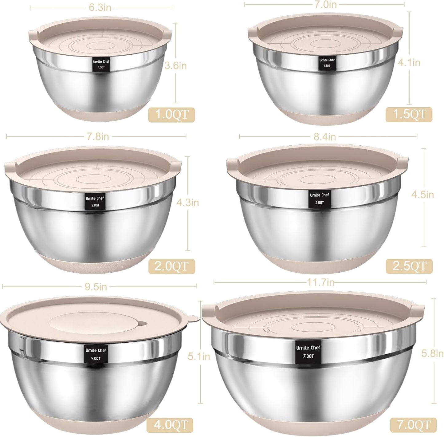 Umite Chef Thickened Heavy-Duty 26pcs Stainless Steel Bowl, Mixing Bowl Set with Lid, Grater Attachment, Colorful Non-Slip Bottom and Kitchen Gadget Set, Sizes 7, 4, 2.5, 2.0, 1.5, 1QT