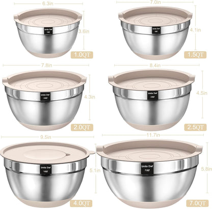 Umite Chef Thickened Heavy-Duty 26pcs Stainless Steel Bowl, Mixing Bowl Set with Lid, Grater Attachment, Colorful Non-Slip Bottom and Kitchen Gadget Set, Sizes 7, 4, 2.5, 2.0, 1.5, 1QT