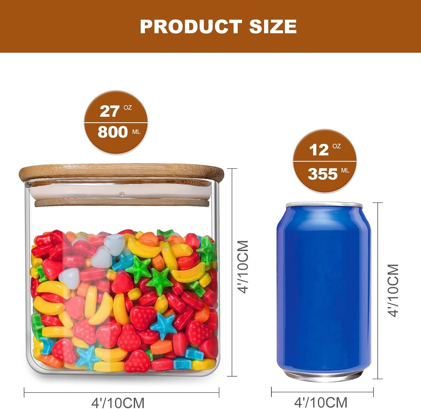 Glass Food Storage Jars 37 oz Set of 6,Glass Storage Containers Clear Glass Food Canister with Bamboo Lid Airtight For Serving Tea, Coffee, Flour, Sugar, Candy, Cookie, Spice and More (Square)