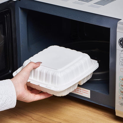 8X8 3-Compartment 50-Pack Plastic Clamshell Takeout Food Trays Heavy Duty Togo Disposable Box Carryout Meal Prep Packaging Catering Hinged Containers With Secure Snap Lid (Formerly FULING)