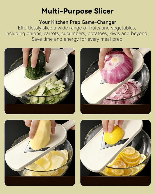 Handheld Mandoline Slicer for Kitchen - Stainless Steel V-Blades with Food Holder & Cleaning Brush, Comfort Grip, Easy to Clean, Vegetable Chopper Cheese Grater for Potato Chips Cucumber Onion Salad