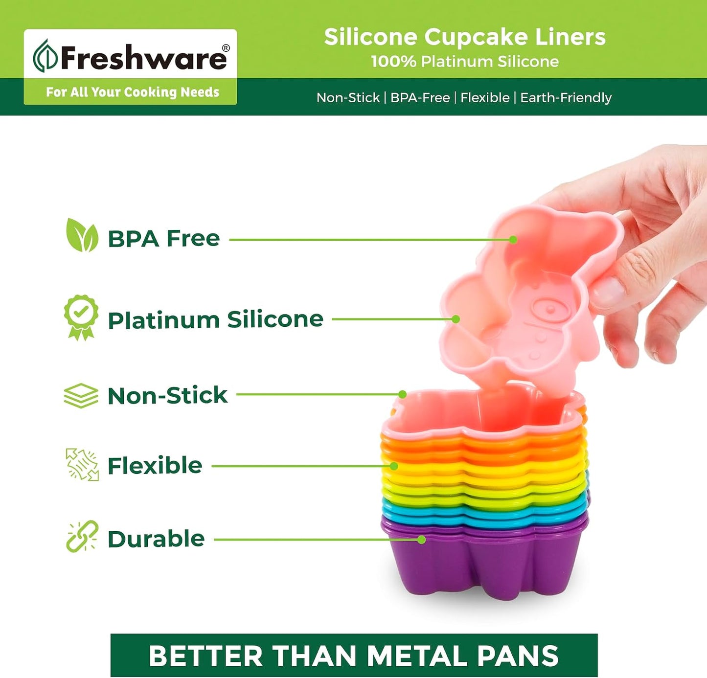 Freshware Cupcake Liners, Pack of 12 Silicone Muffin Cups, Baking Cups, Reusable & Non-stick Cupcake Liners for Party Halloween Christmas, Round