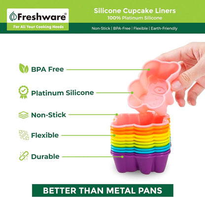 Freshware Cupcake Liners, Pack of 12 Silicone Muffin Cups, Baking Cups, Reusable & Non-stick Cupcake Liners for Party Halloween Christmas, Round