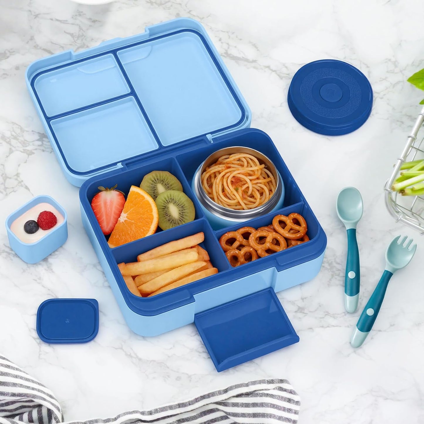Bento Box Set with 9.5oz Soup Thermo Kids Leak-proof Lunch Box Container with 4 Compartment Stainless Steel Insulated Hot Food Jar with Bag for School Travel - Pink