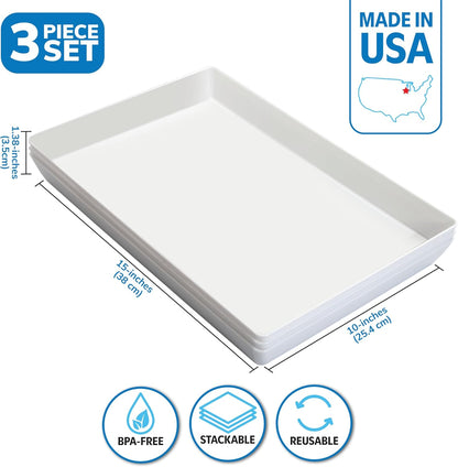 US Acrylic Avant White Plastic Serving Trays (Set of 3) 15” x 10” | Large Reusable Rectangular Party Platters | Serve Appetizers, Fruit, Veggies, & Desserts | BPA-Free & Made in USA