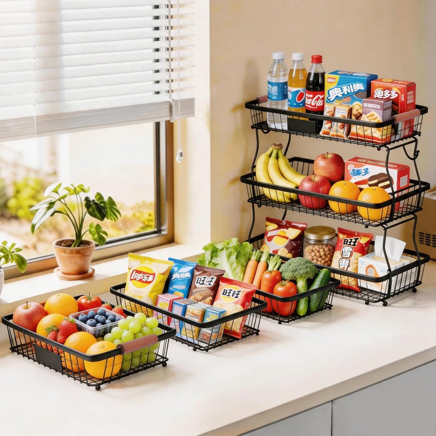 2-Tier Stackable Wire Basket with 2 Banana Hooks, Pantry Organizer for Kitchen Countertops, Cabinets & Under-Sink Spaces; Ideal for Storing Snacks, Fruits, Veggies, Onions, Potatoes, & More,Black