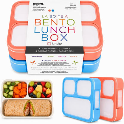 kinsho Bento Lunch-Box for Adults Kids Lunches, Portion Control Container Boxes for Women Girls Boys | Leak-Proof Snack Containers, BPA-Free Utensils 5 Compartments | Blue & Green 2 Pack Set