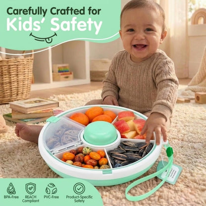Proudy Portable Snack Spinner Bundle, Food Storage Container, Spinner Box with Rotating Storage, Reusable Kids Snack Container with 5 Compartment Dispenser and Lid, Spinner Box (Light Green)