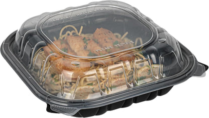 Thermo Tek 40 Ounce Clamshell Containers, 50 Disposable Take Out Boxes - 3 Compartments, Ventilated Lids, Black Plastic Meal Prep Containers, Microwavable, For Pasta Or Salads - Restaurantware