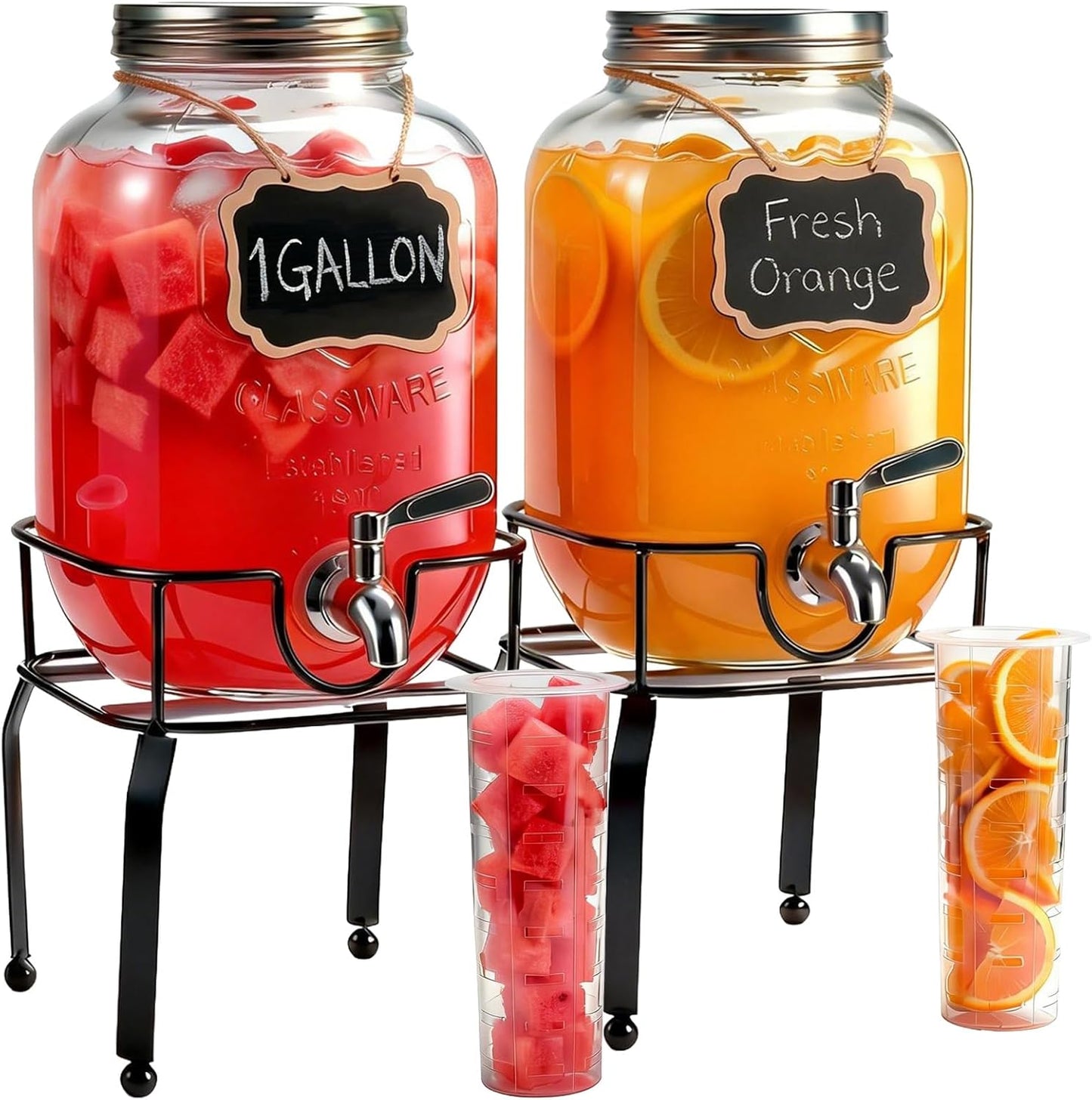 2 Pack1 Gallon Glass Drink Dispensers For Parties,Beverage Dispenser with Stand,304 Stainless Steel Spigot Leakproof,Lemonade Dispenser for Sun Tea, Homemade Juice
