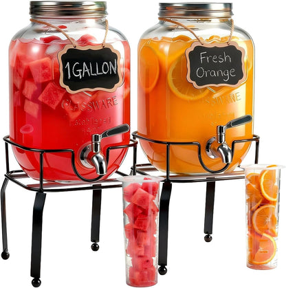 2 Pack1 Gallon Glass Drink Dispensers For Parties,Beverage Dispenser with Stand,304 Stainless Steel Spigot Leakproof,Lemonade Dispenser for Sun Tea, Homemade Juice