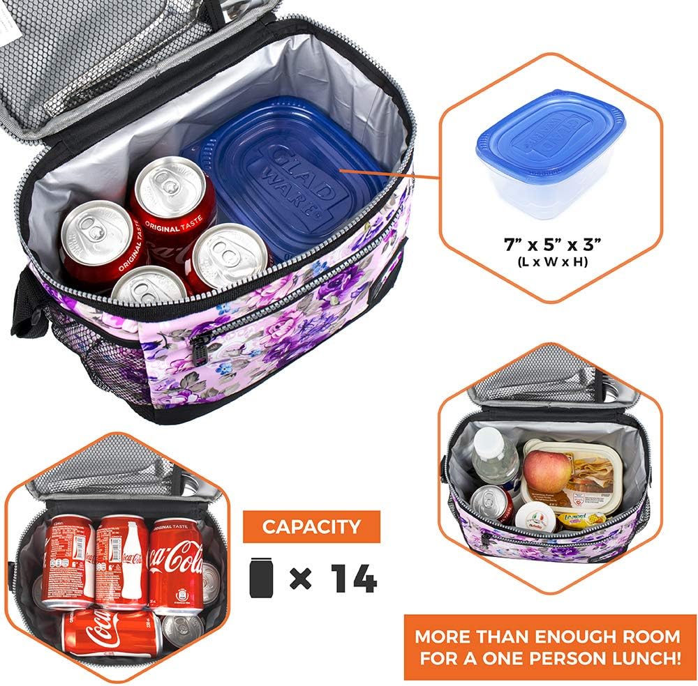 opux Insulated Lunch Box Men Women, Lunch Bag for Work School, Leakproof Soft Cooler Tote Adult, Large Lunch Pail Kids Boys Girls, Picnic Beach Food Bag with Shoulder Strap, Purple Floral