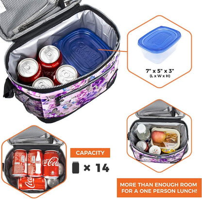 opux Insulated Lunch Box Men Women, Lunch Bag for Work School, Leakproof Soft Cooler Tote Adult, Large Lunch Pail Kids Boys Girls, Picnic Beach Food Bag with Shoulder Strap, Purple Floral