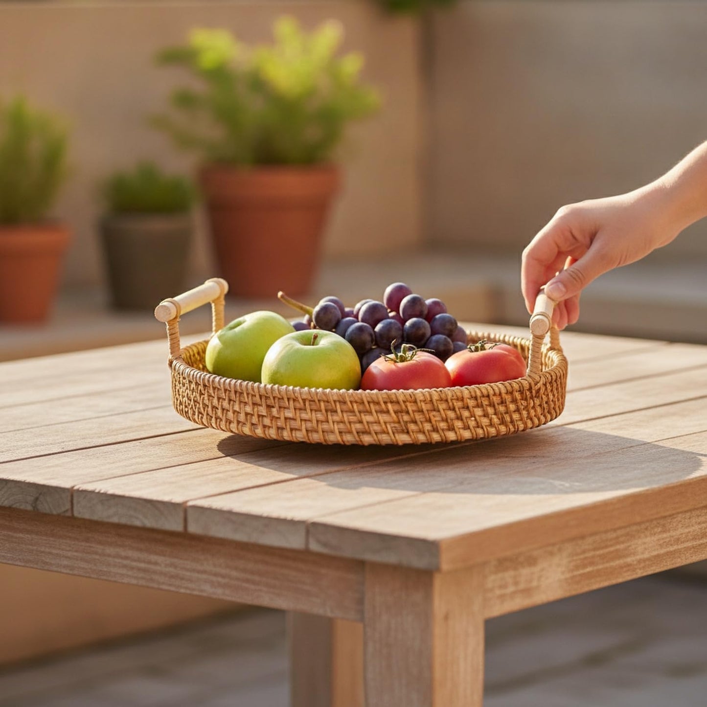 Hand Woven Rattan Basket with Wooden Handle, Natural Open Weave Storage Bin for Countertop Organization, Produce, and Snacks