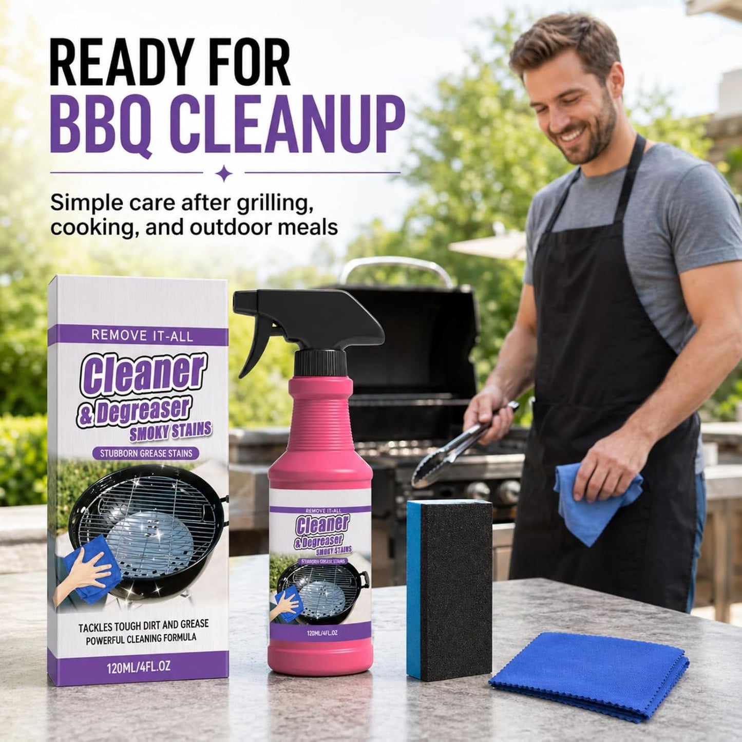 BBQ Grill Cleaner Spray, Heavy Duty Grill Degreaser for Grease, Burnt Food & Smoky Stains, Stainless Steel Cleaner for Outdoor Grill, Grates, Stove Top, Range Hood & Kitchen Surfaces, 120ml (2PCS)