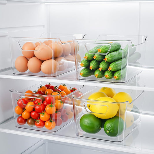 4 Pack Clear Storage Bins for Pantry Organization and Storage, Stackable Fridge Organizers with Built-in Handles, BPA Free Plastic Open Front Baskets for Kitchen Cabinet, Bathroom, Closet, and Toys