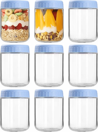 Overnight Oats Containers with Lids, 10oz Wide Mouth Mason Jars with Lids, 9 Pack Glass Jars with Airtight lid for Chia Pudding Yogurt Salad, Meal Prer Oatmeal Jars, Pink