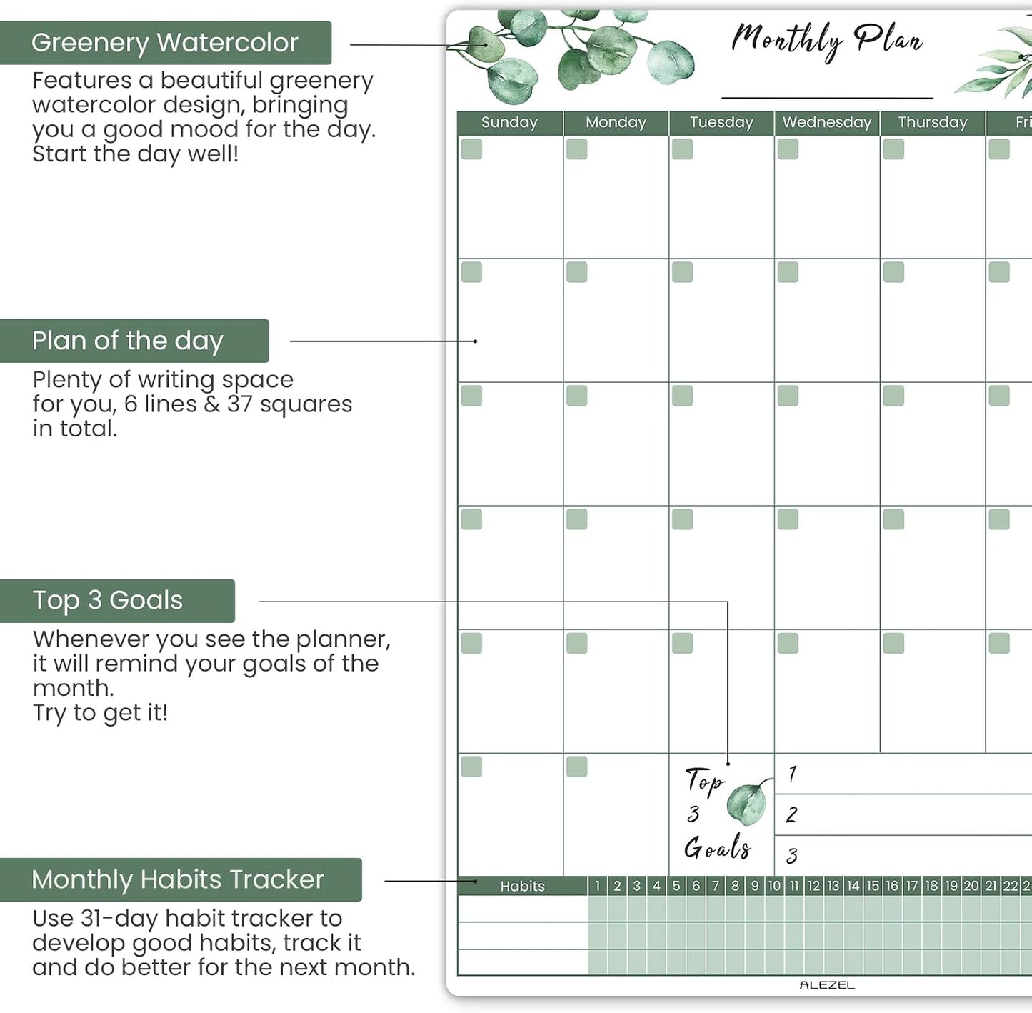 ALEZEL Magnetic Dry Erase Calendar for Fridge, Greenery Monthly Fridge Calendar Whiteboard Set - Vertical Monthly Calendar for Refrigerator, Grocery & to Do List White Board, 3 Markers + Eraser