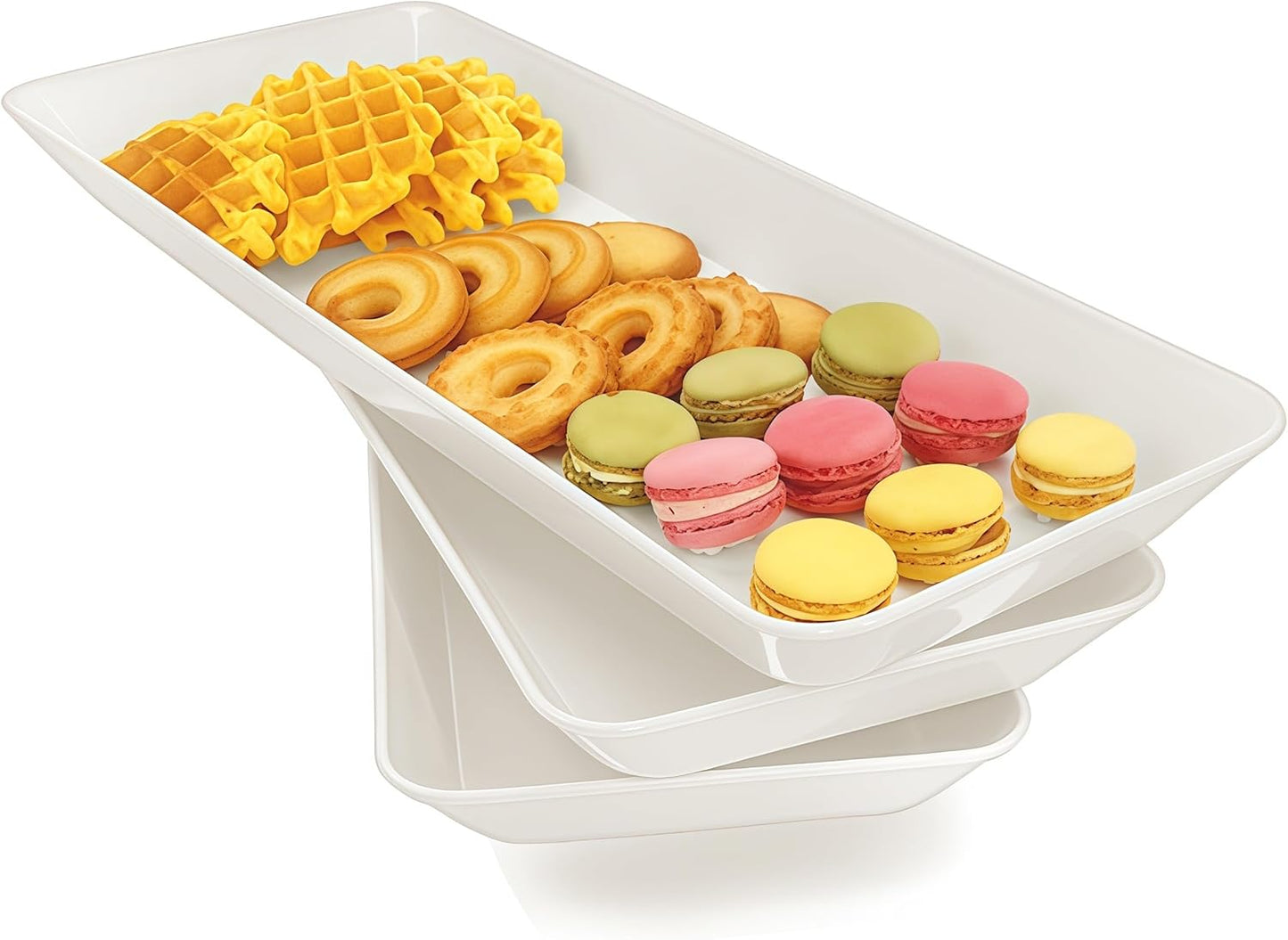 Serving Tray Platter Rectangle, 4 Pcs Long Narrow Food Tray for Veggie Fruit Snack Dessert, Plastic White Food Trays for Party Supplies Display, Rectangular Platters for Serving Food, BPA Free