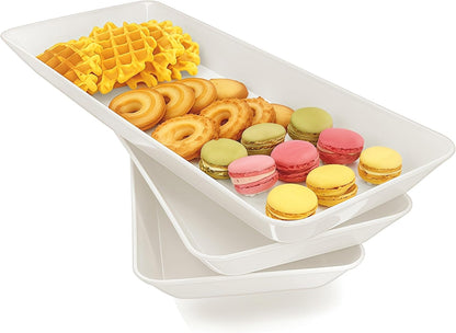 Serving Tray Platter Rectangle, 4 Pcs Long Narrow Food Tray for Veggie Fruit Snack Dessert, Plastic White Food Trays for Party Supplies Display, Rectangular Platters for Serving Food, BPA Free