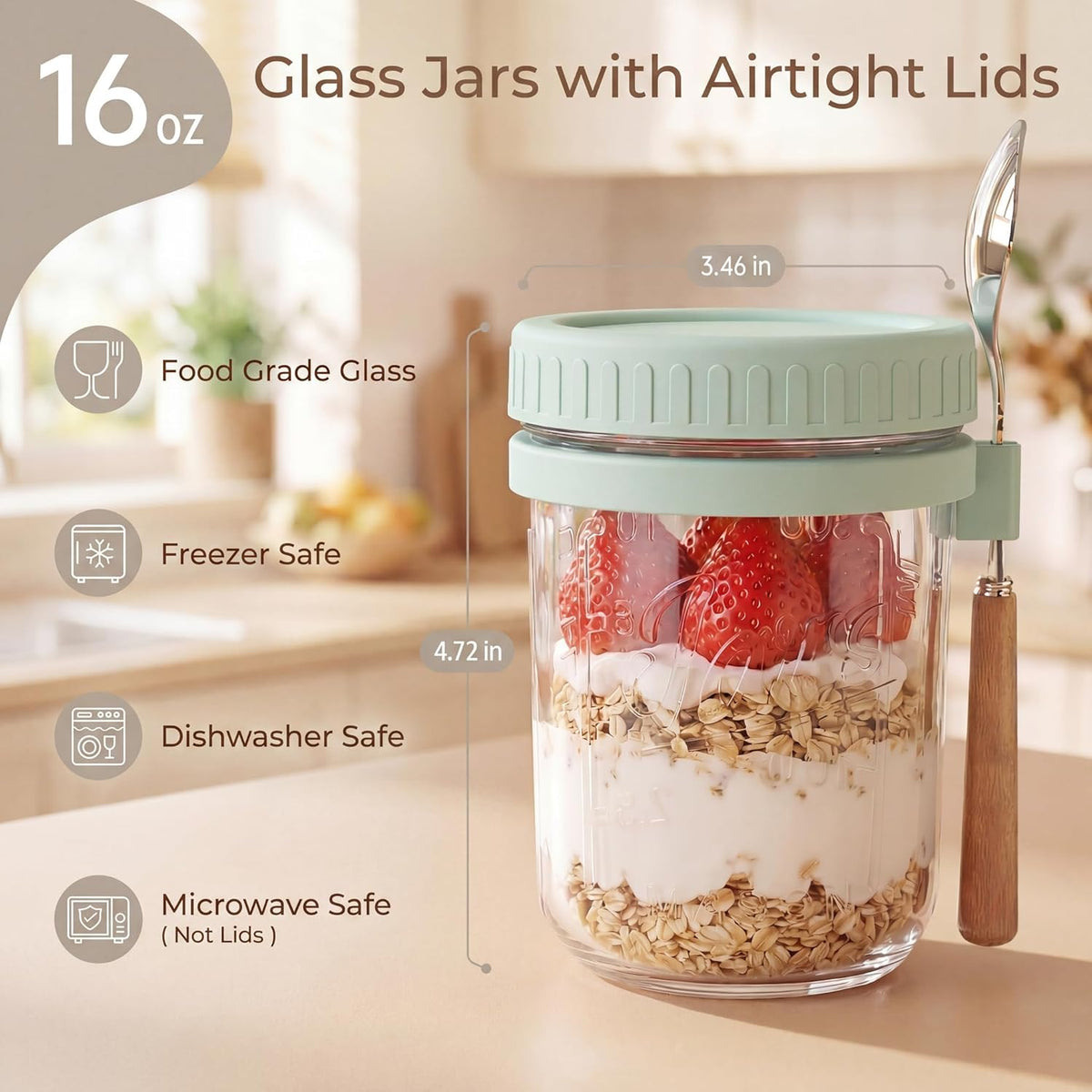 HomArtist 16oz Glass Overnight Oats Containers with Lids and Spoons, 4 Pack | Wide Mouth Glass Jars with Airtight Lids, Perfect for Chia Pudding, Yogurt, Salad & Cereal Meal Prep Storage, Food Safe