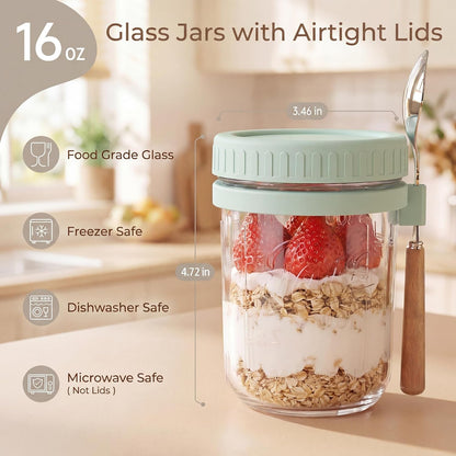 HomArtist 16oz Glass Overnight Oats Containers with Lids and Spoons, 4 Pack | Wide Mouth Glass Jars with Airtight Lids, Perfect for Chia Pudding, Yogurt, Salad & Cereal Meal Prep Storage, Food Safe