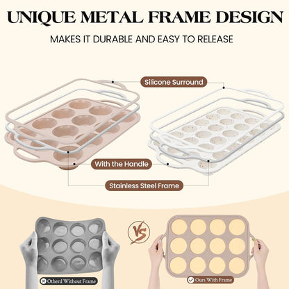 Vinino 2Pack Silicone Muffin Pans for Baking with Metal Reinforced Frame, 12 Cups Regular Size Nonstick Silicone Cupcake Pan, BPA Free Oven Dishwasher Safe Baking Mold for Muffins Cupcakes