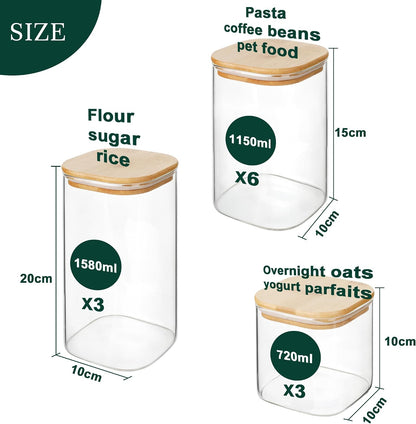 LIBWYS 12-Pack Square Glass Storage Jars with Bamboo Lids (0.6Qt/1.06Qt) - Stackable Food Containers for Pantry Organization, Coffee, Flour, Snacks, Tea | Kitchen Canisters Set