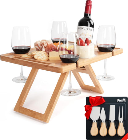 Charcuterie Picnic Table with Wine Glass Holder, Portable Wine & Cheese Board, 4-Piece Cheese Knife Set (Gold) w/Detachable Knife Stand, Bamboo Charcuterie Table, Hosting & Wine Gift