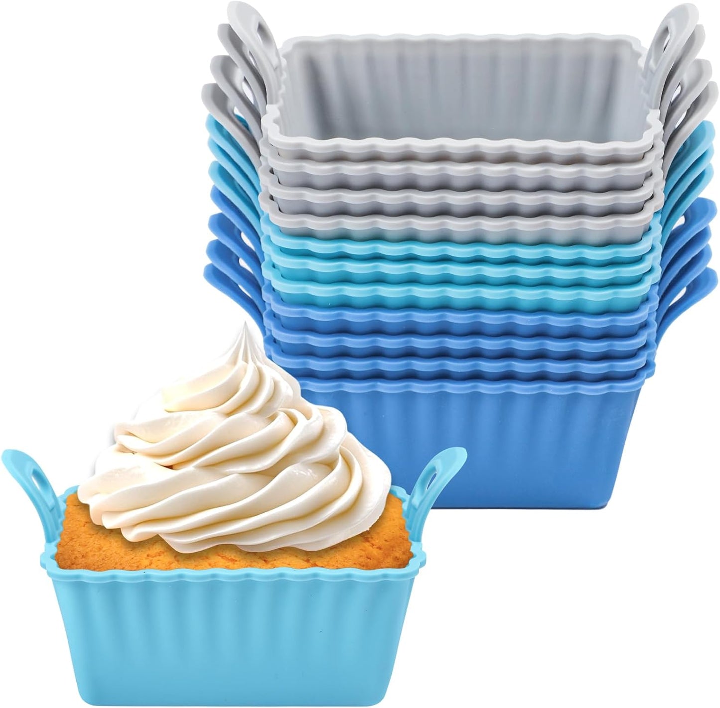 Koluti Nonstick Silicone Muffin Baking Cups Pack of 12, Reusable Cupcake Molds with Double Handle, BPA Free, Mini Round Air Fryer Cupcakes Liner, 3 Colors