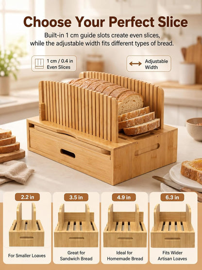 Natural Bamboo Bread Slicer, Bread Slicer Guide for Homemade Bread, Foldable Space-Saving Loaf Guide with Crumb Tray, Adjustable Thickness for Even Slices, Sturdy Cutter for Sourdough and Toast
