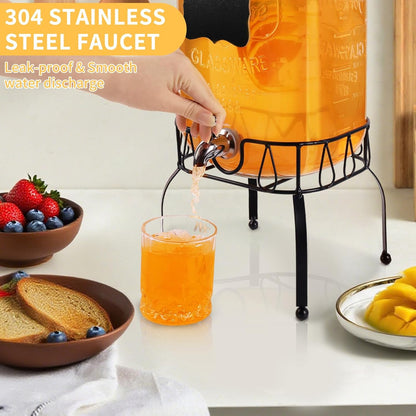 2 Gallon Glass Beverage Dispenser Jars, Ice Juice Dispenser with Stainless Steel Faucet and Metal Stand for Parties & Wedding (1 Pack Jar)