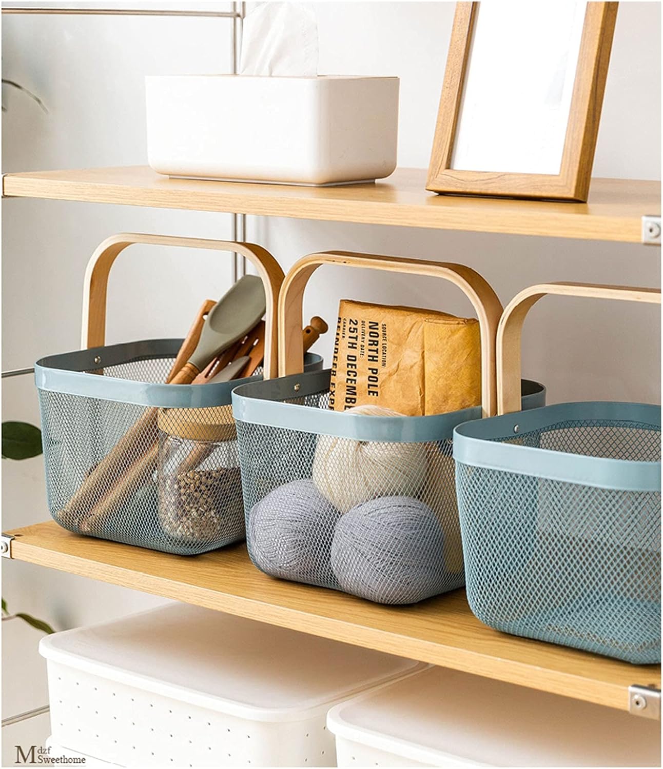 AJIODA Metal Mesh Steel Basket, Storage Organizer Basket Multi-functional Hanging Kitchen Baskets Fruit Basket Bin with Bamboo Handle for Kitchen Bathroom Picnic Shopping Decor Cabinet Home, Blue