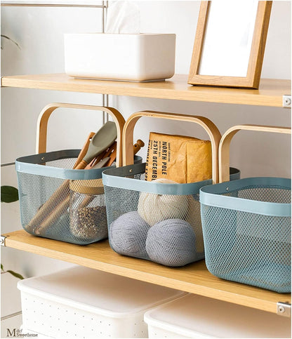 AJIODA Metal Mesh Steel Basket, Storage Organizer Basket Multi-functional Hanging Kitchen Baskets Fruit Basket Bin with Bamboo Handle for Kitchen Bathroom Picnic Shopping Decor Cabinet Home, Blue