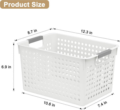 Soddeph 4 Pack Plastic Deep Storage Basket with Handles, Cubbies Organizer Bins with Hollow Design for Under Counter, Closet, Kitchen or Bathroom 12.3" × 8.7" × 6.9"(White, Medium)