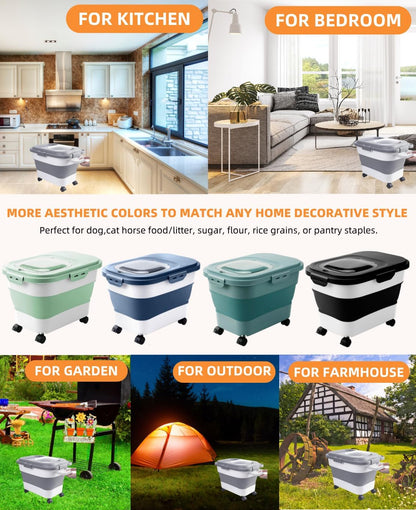 20-23 Lbs Dog Food Storage Container - Collapsible Dog Food Container with Attachable Casters and Scoop,Travel Silicone Bowl, Pet Food Storage Containers to Keep Dry Food Fresh,Easy to Move