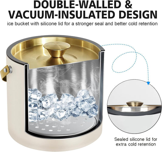 3.2L/3.4QT Modern Insulated Ice Bucket with Silicone Lid, Scoop, Strainer, Double Wall Stainless Steel Ice Bucket for Parties & Cocktail Bar,Ideal for Gift(Black)