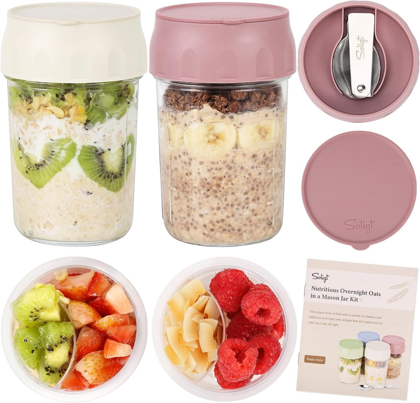 SOLIGT 4 Pack Overnight Oats Containers with Lids, Folding Spoons and Divided Compartments for Fruit & Nuts, Small Glass 16oz Mason Jars for Oatmeal (4 Set-Oat White/Green/Rose/Blue)
