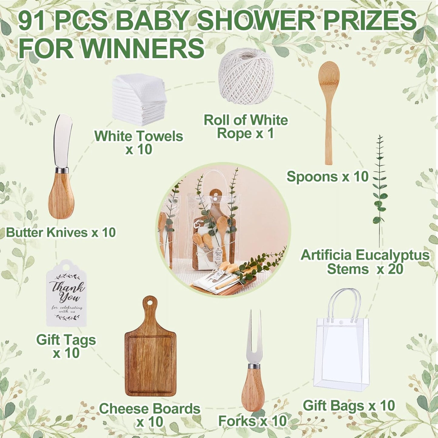 Baby Shower Prizes for Game Winners Bamboo Cheese Board Spoon Fork Butter Spreaders Plaid Towel Thank You Card and Gift Bags for Baby Shower Wedding Bridal Shower Favors (Acacia, 6 Sets)