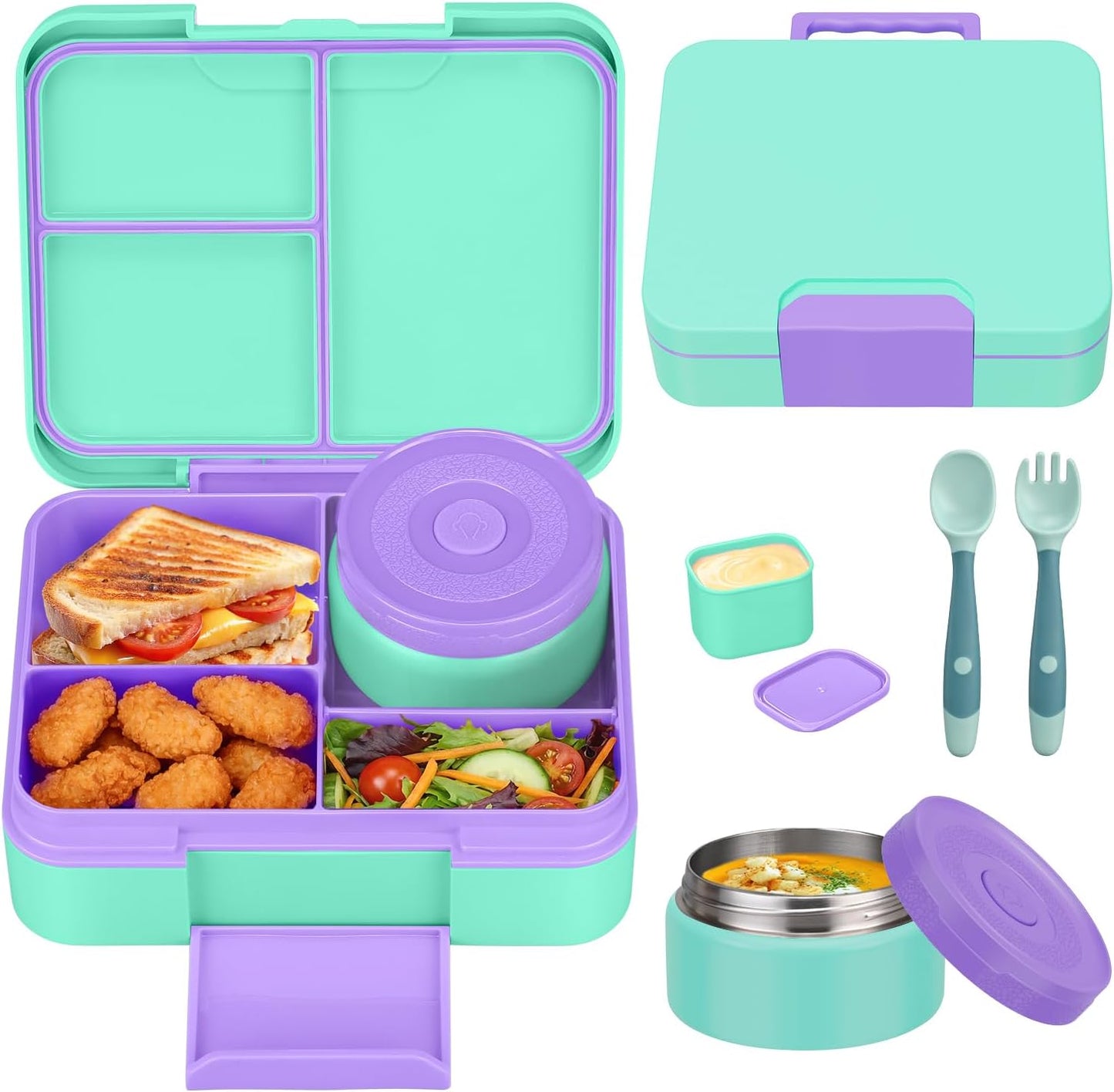 HWONMTE Bento Lunch Box Set for Kids with 9.5oz Soup Thermo Leak-Proof Lunch Food Container with Insulated Lunch Bag Hot Food Jar for Kid Toddler Girls Boys Teens to School,Travel (Green)