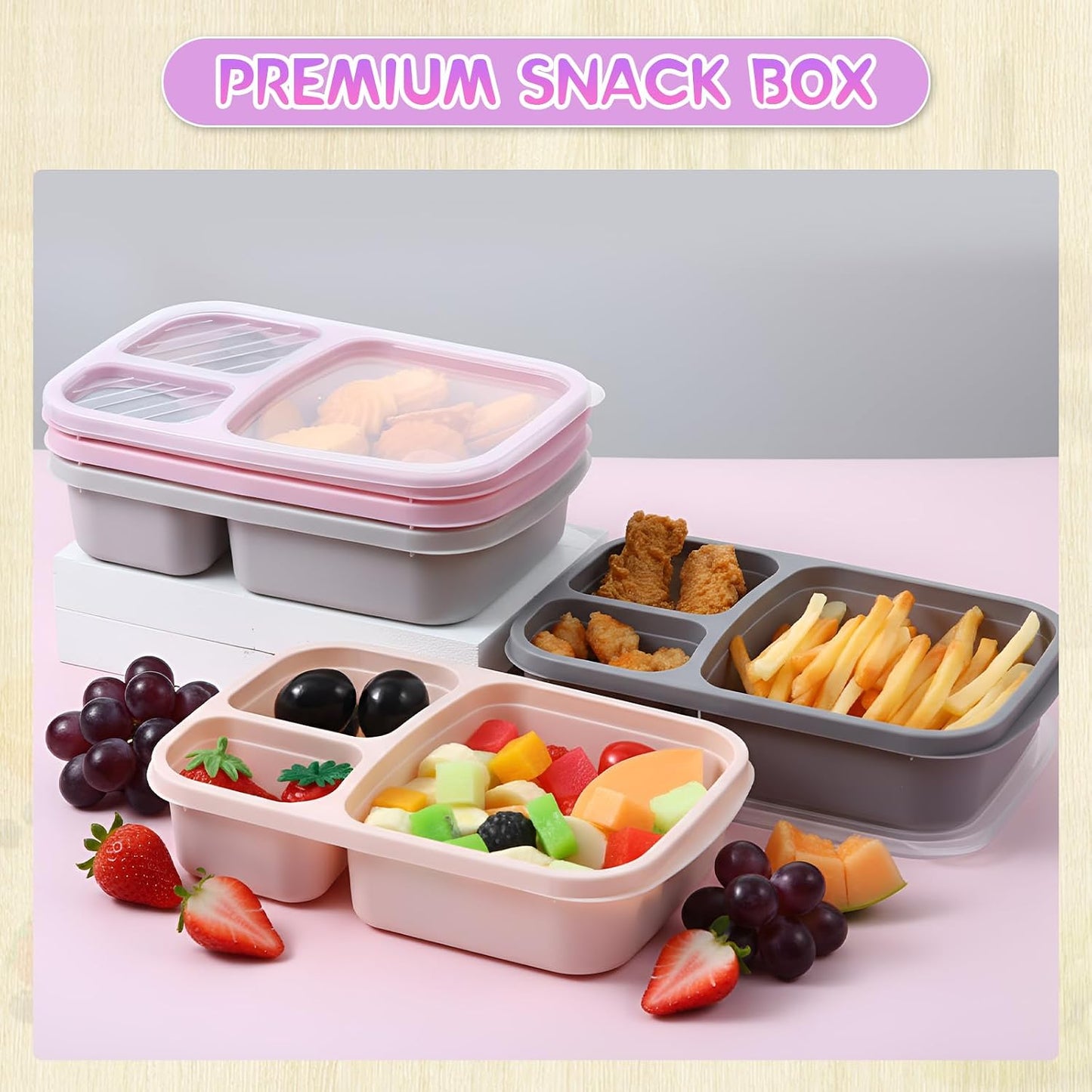 Honeydak 5 Pack Snack Containers 3 Compartment Bento Snack Boxes Divided Meal Prep Containers with Lids Reusable Adults Lunch Food Storage Box for School Work Travel(Elderberry)